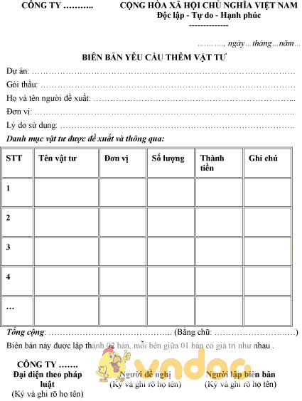 Mẫu biên bản yêu cầu thêm vật tư