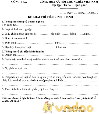 Mẫu phiếu kê khai chỉ tiêu kinh doanh