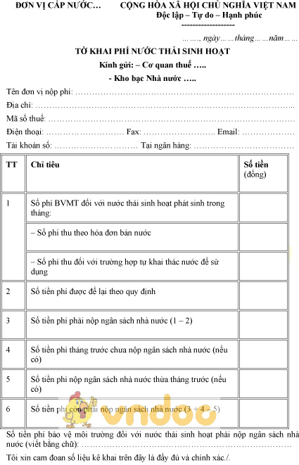 Mẫu phiếu kê khai phí nước thải sinh hoạt