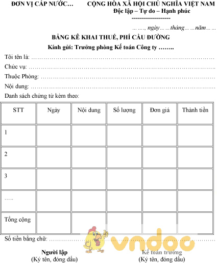 Mẫu phiếu kê khai thuế phí cầu đường