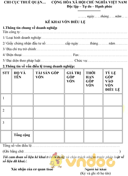 Mẫu phiếu kê khai vốn điều lệ