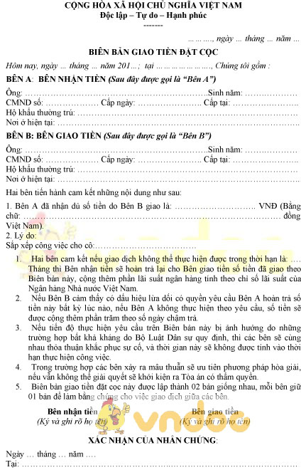 Mẫu biên bản giao tiền đặt cọc