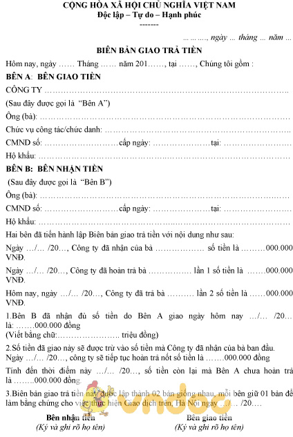 Mẫu biên bản giao trả tiền cho công ty