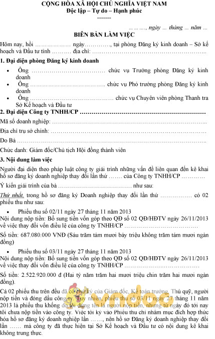 Mẫu biên bản làm việc của phòng đăng ký kinh doanh