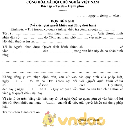 Mẫu đơn đề nghị giải quyết khiếu nại đúng thời hạn