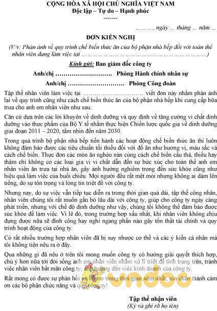 Mẫu đơn kiến nghị về nhà bếp của công ty