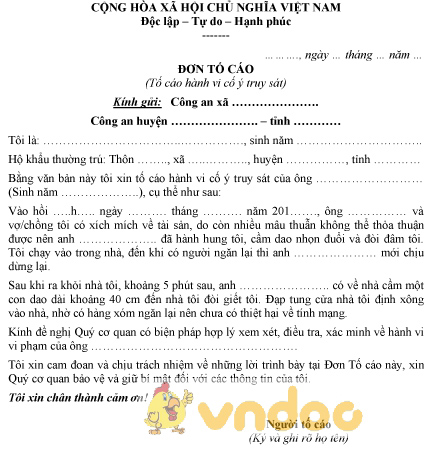 Mẫu đơn tố cáo hành vi cố ý truy sát