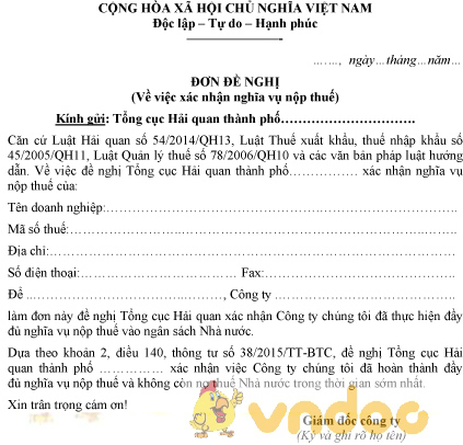 Mẫu đơn xác nhận nghĩa vụ nộp thuế