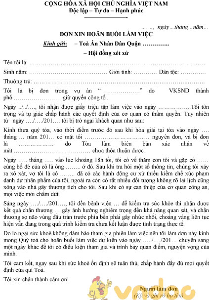 Mẫu đơn xin hoãn buổi làm việc tại tòa