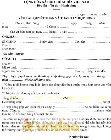 Mẫu đơn yêu cầu quyết toán và thanh lý hợp đồng