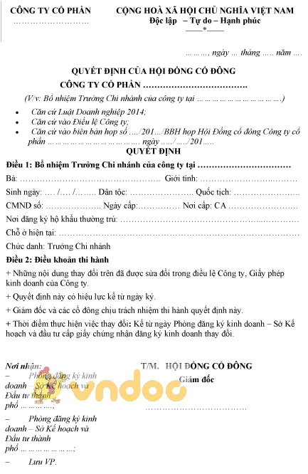 Mẫu quyết định bổ nhiệm trưởng chi nhánh