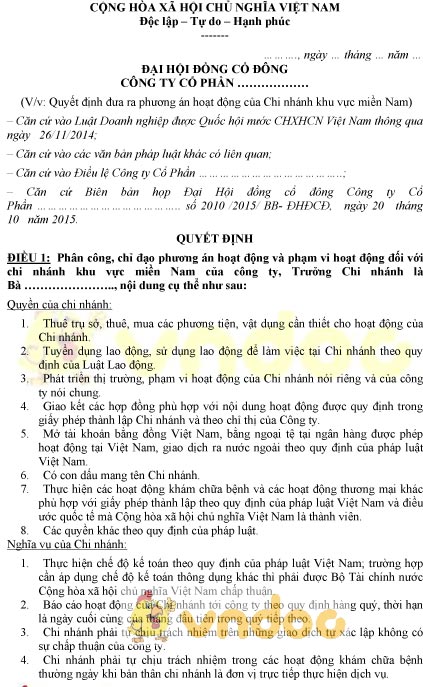 Mẫu quyết định đưa ra phương án hoạt động của chi nhánh
