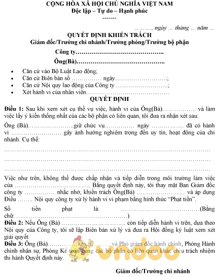 Mẫu quyết định khiển trách