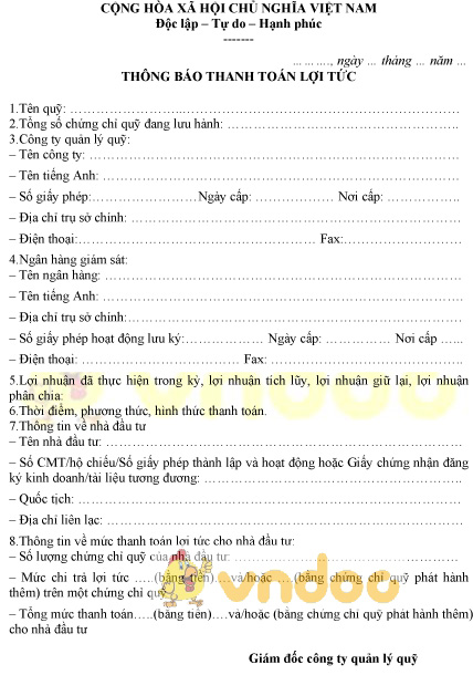 Mẫu thông báo thanh toán lợi tức gửi cho các nhà đầu tư