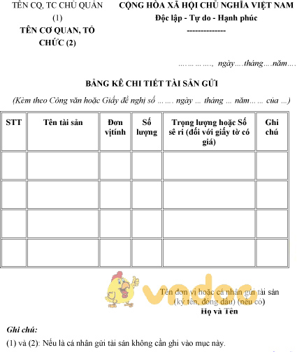 Mẫu bảng kê chi tiết tài sản quý hiếm gửi