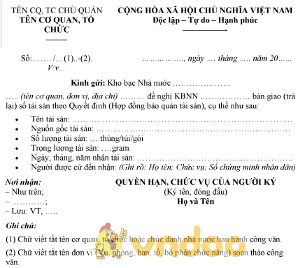Mẫu công văn đề nghị bàn giao tài sản quý hiếm