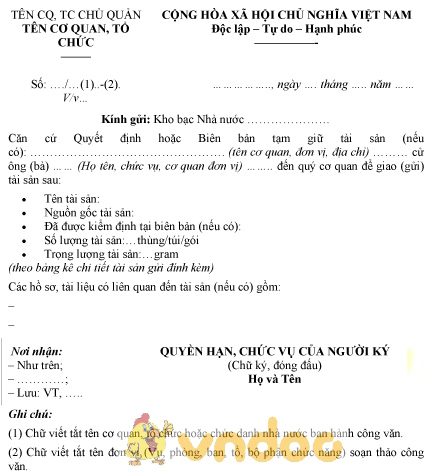 Mẫu công văn về việc giao tài sản quý hiếm