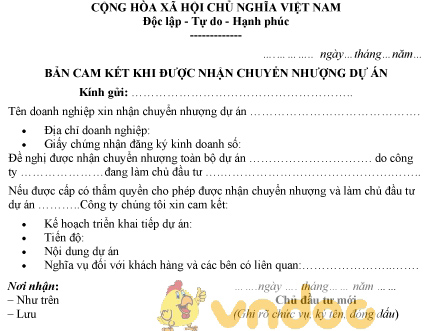 Mẫu bản cam kết khi được nhận chuyển nhượng dự án