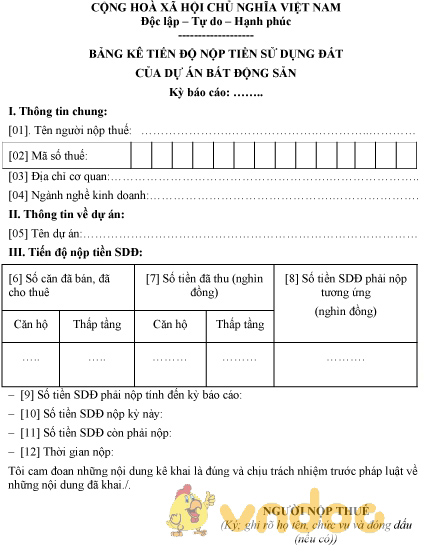 Mẫu bảng kê tiến độ nộp tiền sử dụng đất của dự án bất động sản