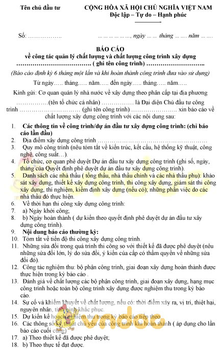 Mẫu báo cáo về công tác quản lý chất lượng công trình xây dựng
