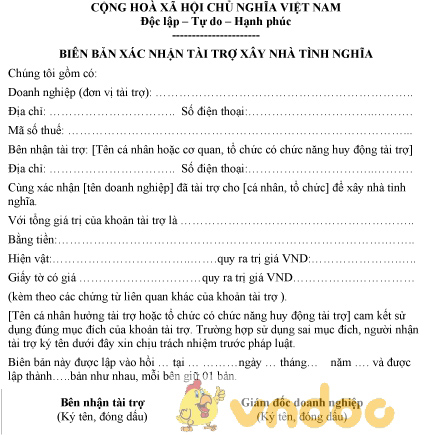 Mẫu biên bản xác nhận tài trợ xây nhà tình nghĩa