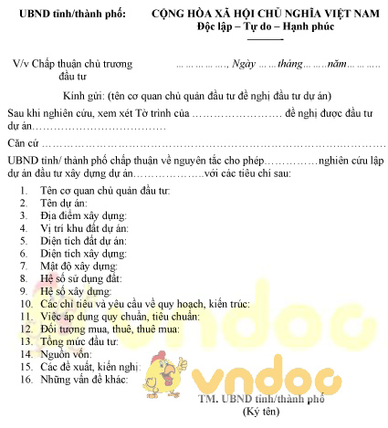 Mẫu công văn chấp thuận chủ trương đầu tư