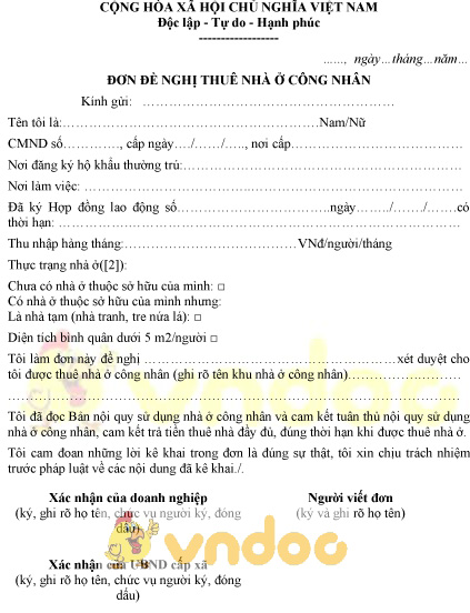 Mẫu đơn đề nghị thuê nhà ở công nhân
