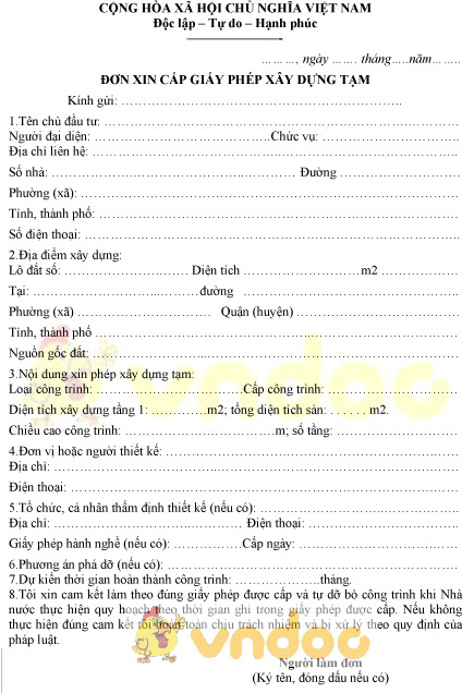 Mẫu đơn xin cấp giấy phép xây dựng tạm