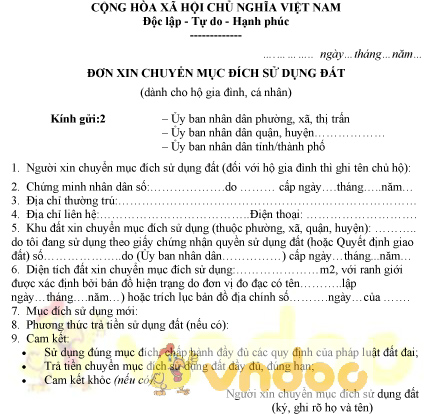Mẫu đơn xin chuyển mục đích sử dụng đất