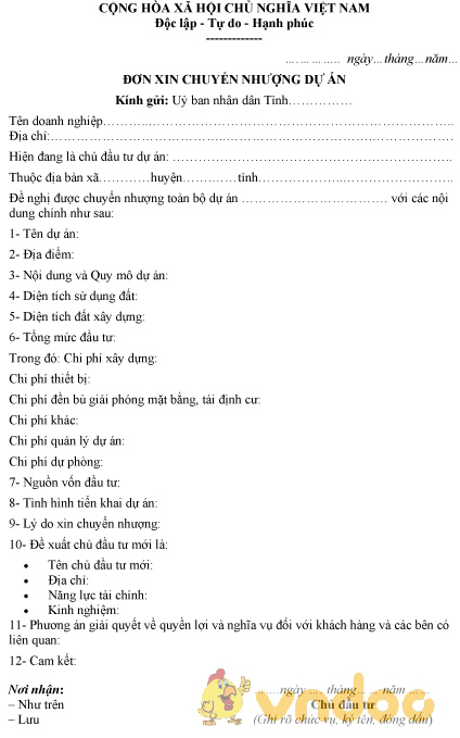 Mẫu đơn xin chuyển nhượng dự án