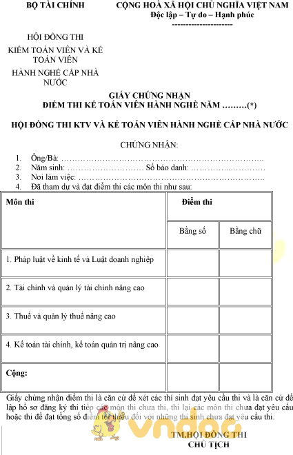 Mẫu giấy chứng nhận điểm thi hành nghề kế toán