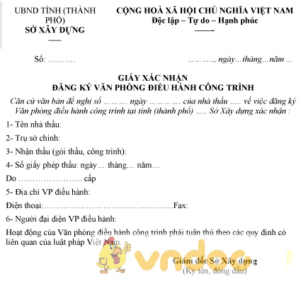 Mẫu giấy xác nhận đăng ký văn phòng điều hành công trình