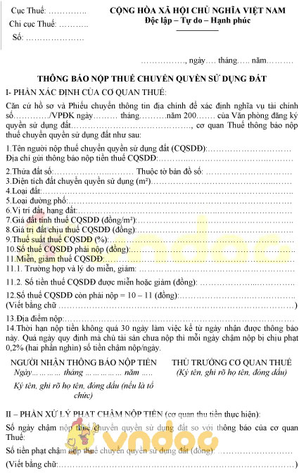 Mẫu thông báo nộp thuế chuyển quyền sử dụng đất