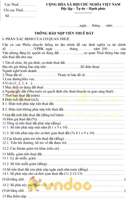 Mẫu thông báo nộp tiền thuê đất