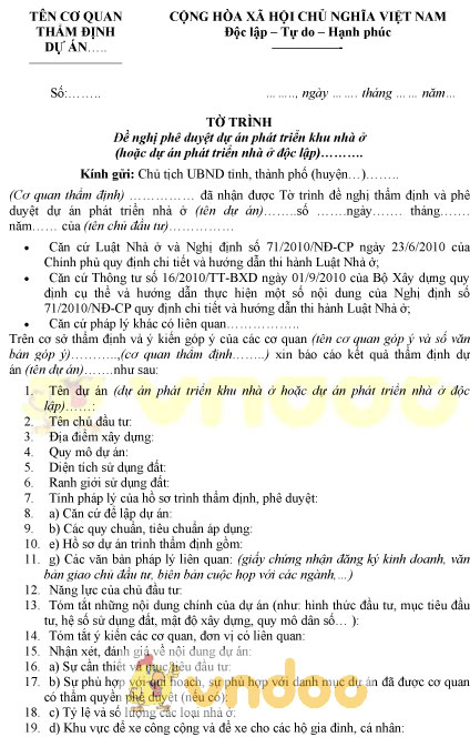 Mẫu tờ trình của cơ quan thẩm định dự án đề nghị phê duyệt dự án phát triển nhà ở