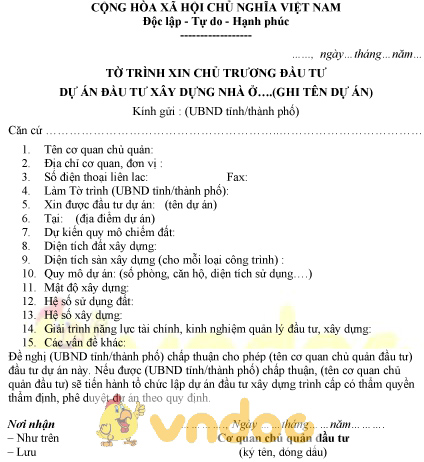 Mẫu tờ trình xin chủ trương đầu tư dự án nhà ở