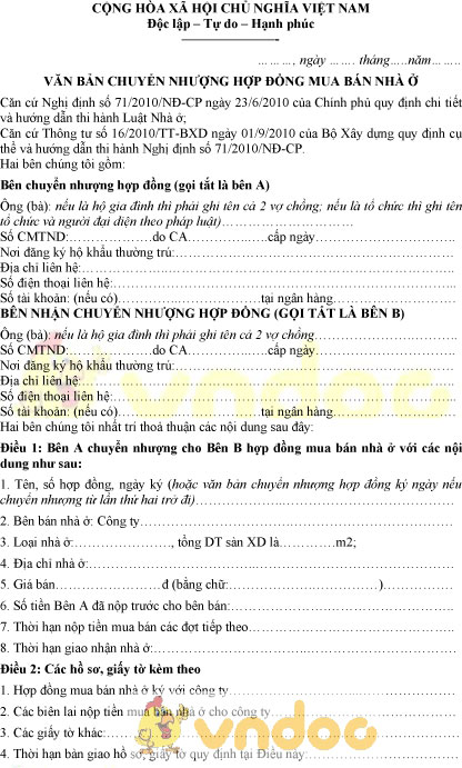 Mẫu văn bản chuyển nhượng hợp đồng mua bán nhà ở