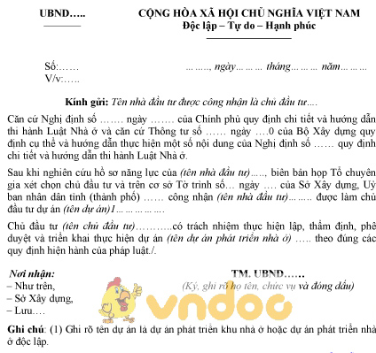Mẫu văn bản công nhận chủ đầu tư dự án phát triển nhà ở