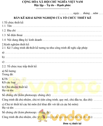 Mẫu bản kê khai kinh nghiệm của tổ chức thiết kế