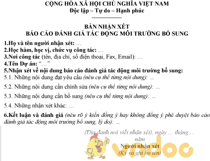 Mẫu bản nhận xét báo cáo đánh giá tác động môi trường bổ sung