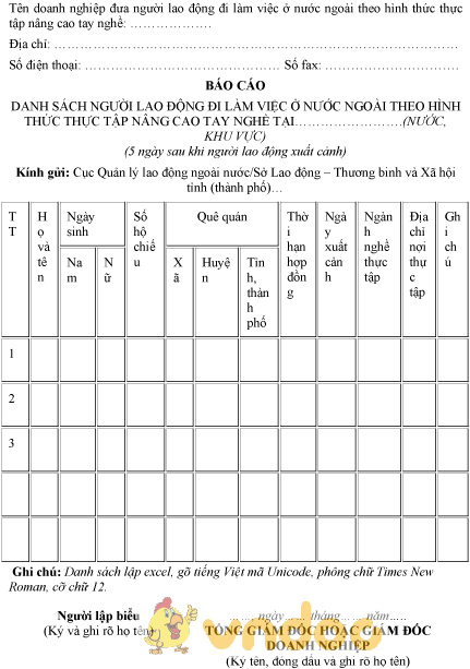 Mẫu báo cáo danh sách người lao động làm việc ở nước ngoài theo hình thức thực tập