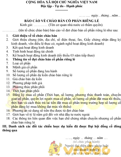 Mẫu báo cáo về chào bán cổ phần riêng lẻ