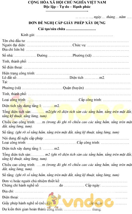 Mẫu đơn đề nghị cấp giấy phép xây dựng cải tạo hoặc sửa chữa