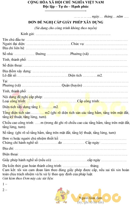 Mẫu đơn đề nghị cấp giấy phép xây dựng công trình không theo tuyến