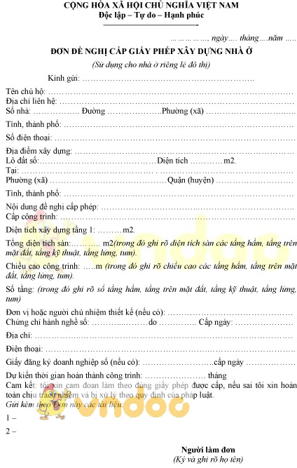 Mẫu đơn đề nghị cấp giấy phép xây dựng nhà ở riêng lẻ đô thị
