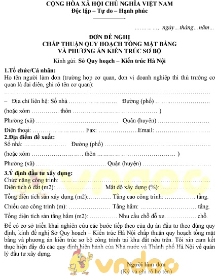 Mẫu đơn đề nghị chấp thuận quy hoạch tổng mặt bằng và phương án kiến trúc sơ bộ