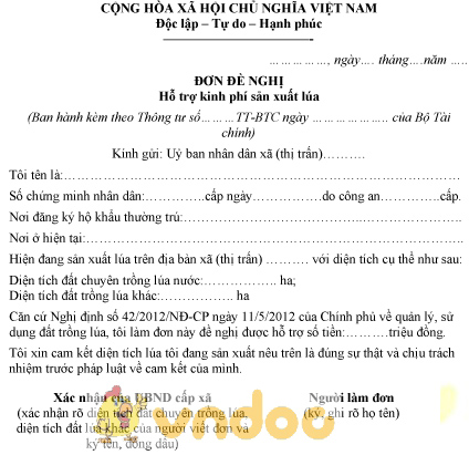 Mẫu đơn đề nghị hỗ trợ kinh phí sản xuất lúa