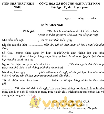 Mẫu đơn kiến nghị của nhà thầu