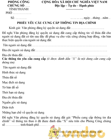 Mẫu phiếu yêu cầu cung cấp thông tin địa chính