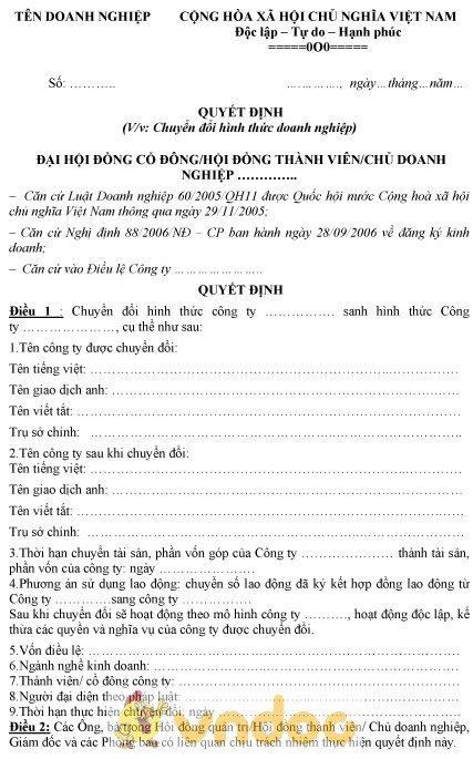 Mẫu quyết định chuyển đổi hình thức doanh nghiệp